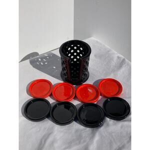 Mid-Century Modern Black Ceramic Latticed Coaster Holder w/6 Coasters - Vintage